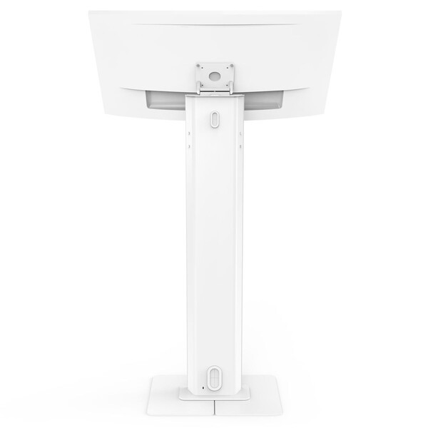 заден изглед на бяла стойка Maclocks Brandable VESA Floor Stand с дисплей